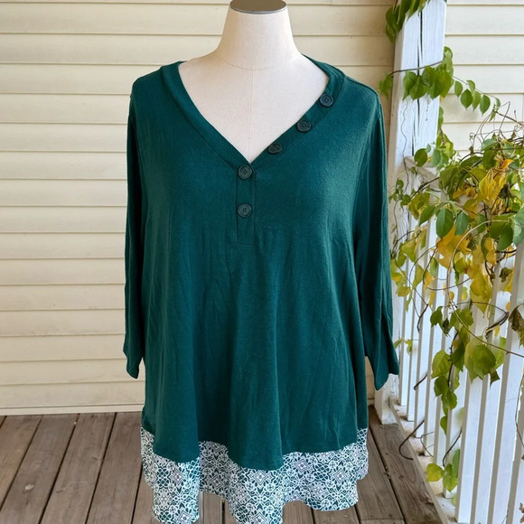 Catherines Sweater Top Faux Layered Plus Size 4X 30/32W Green With Geometric - Picture 1 of 7